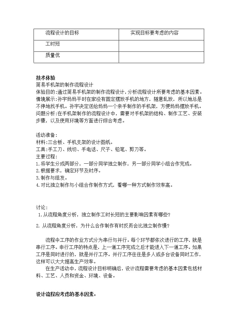 苏教版通用技术 必修技术与设计2 2.2.1 分析流程设计应考虑的基本因素 教案02