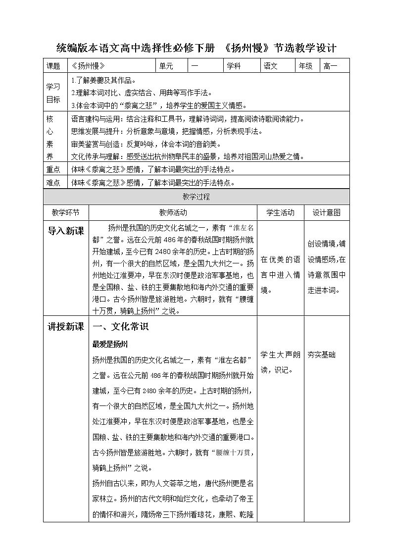 高中语文 选择性必修下第二单元《扬州慢》教学设计第1页