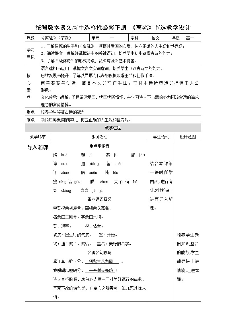 高中语文 选择性必修下第二单元5《离骚》节选 第二课时 教学设计第1页