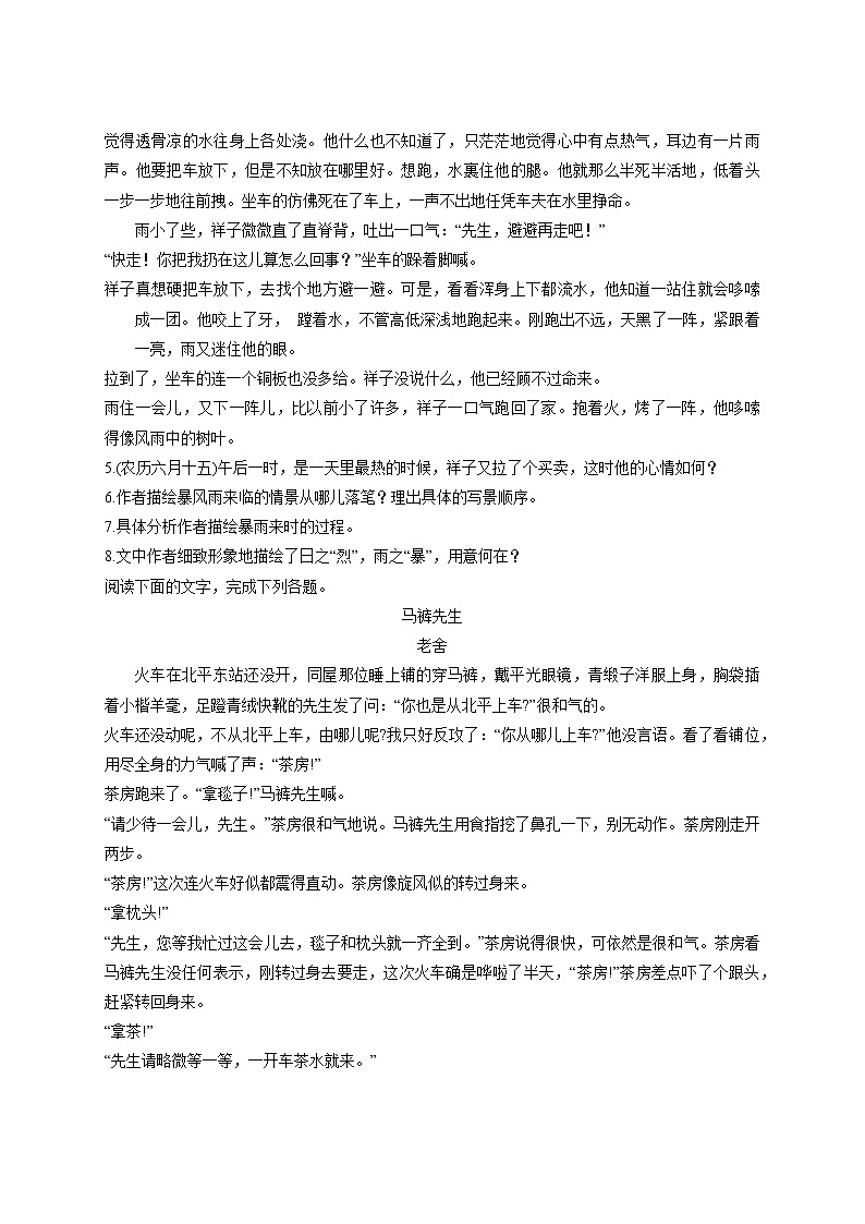 高中语文人教版选修 中国小说欣赏 第8单元 第16课  骆驼祥子    习题练习三（附答案）第3页