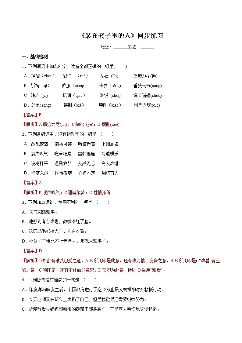 6.13.2 《装在套子里的人》同步练习（2）（解析版）第1页