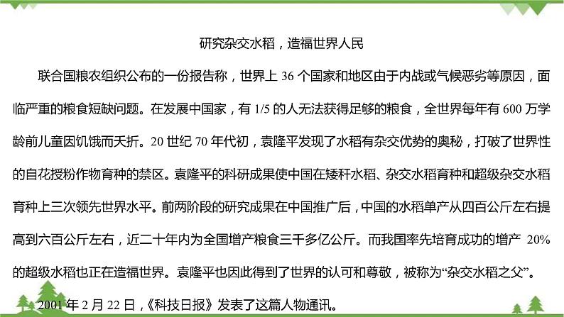 2021-2022学年高中语文部编版必修上册同步课件：第二单元+4喜看稻菽千重浪——记首届国家最高科技奖获得者袁隆平﹡心有一团火温暖众人心﹡“探界者”钟扬第4页