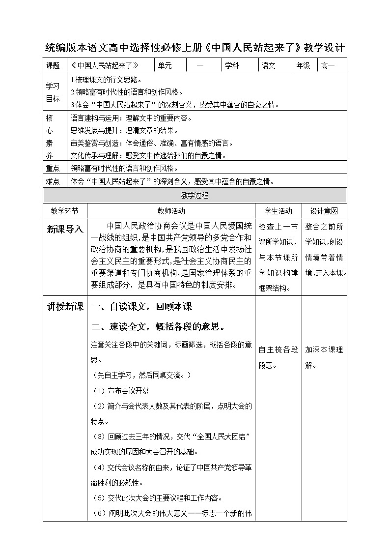 2021年高中语文人教部编版 选择性必修上册 第一单元 人教 选择性上《中国人民站起来了》第二课时   教案01