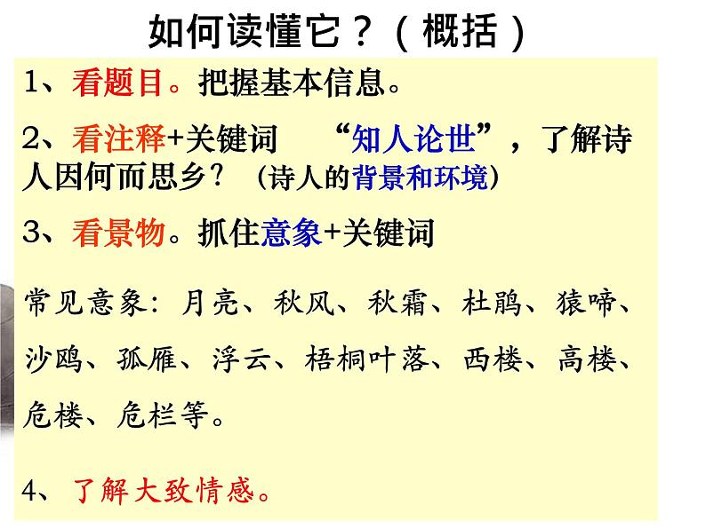 2020-2021学年 高中语文 二轮复习诗歌鉴赏题材分类精华  羁旅思乡诗课件（19张）第2页