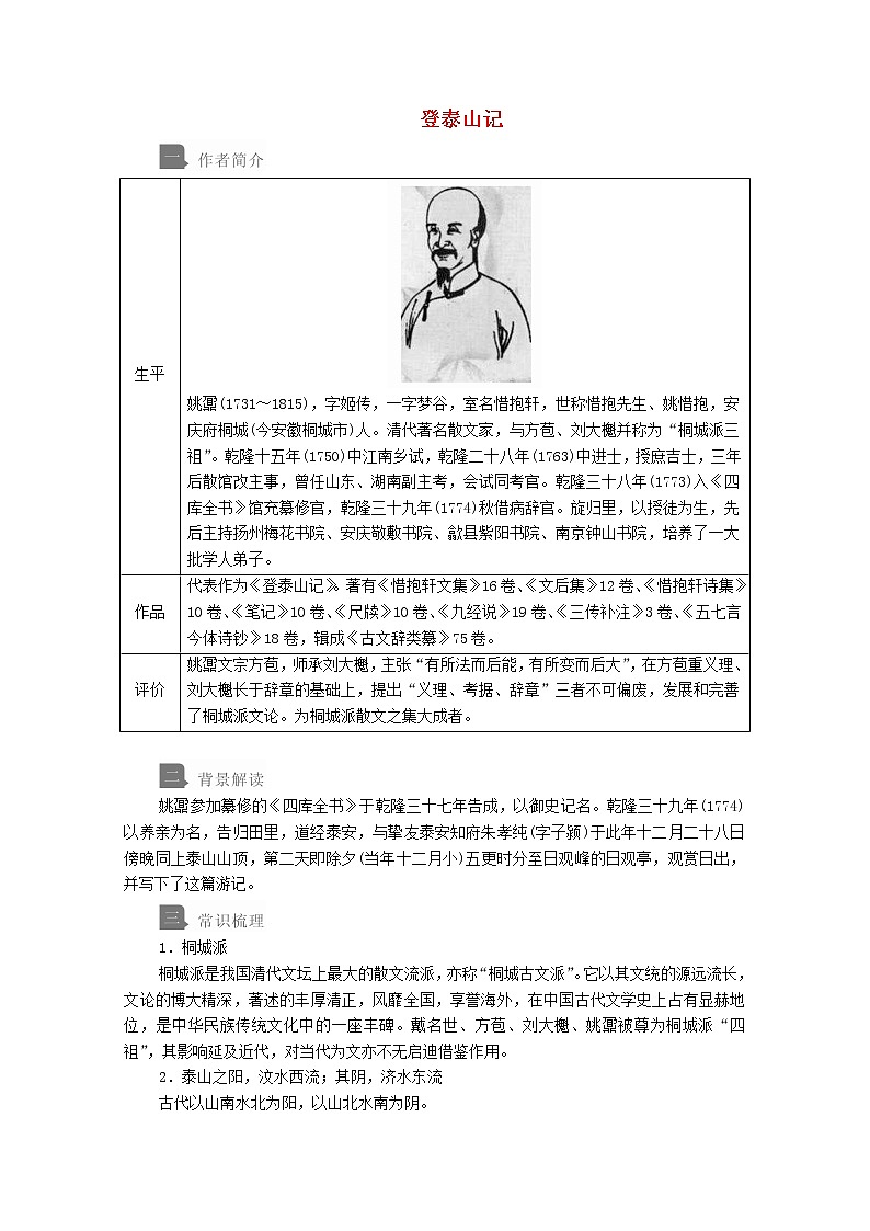 2020年高中语文 必修上册 第七单元 16.2登泰山记 教案（部编版）第1页