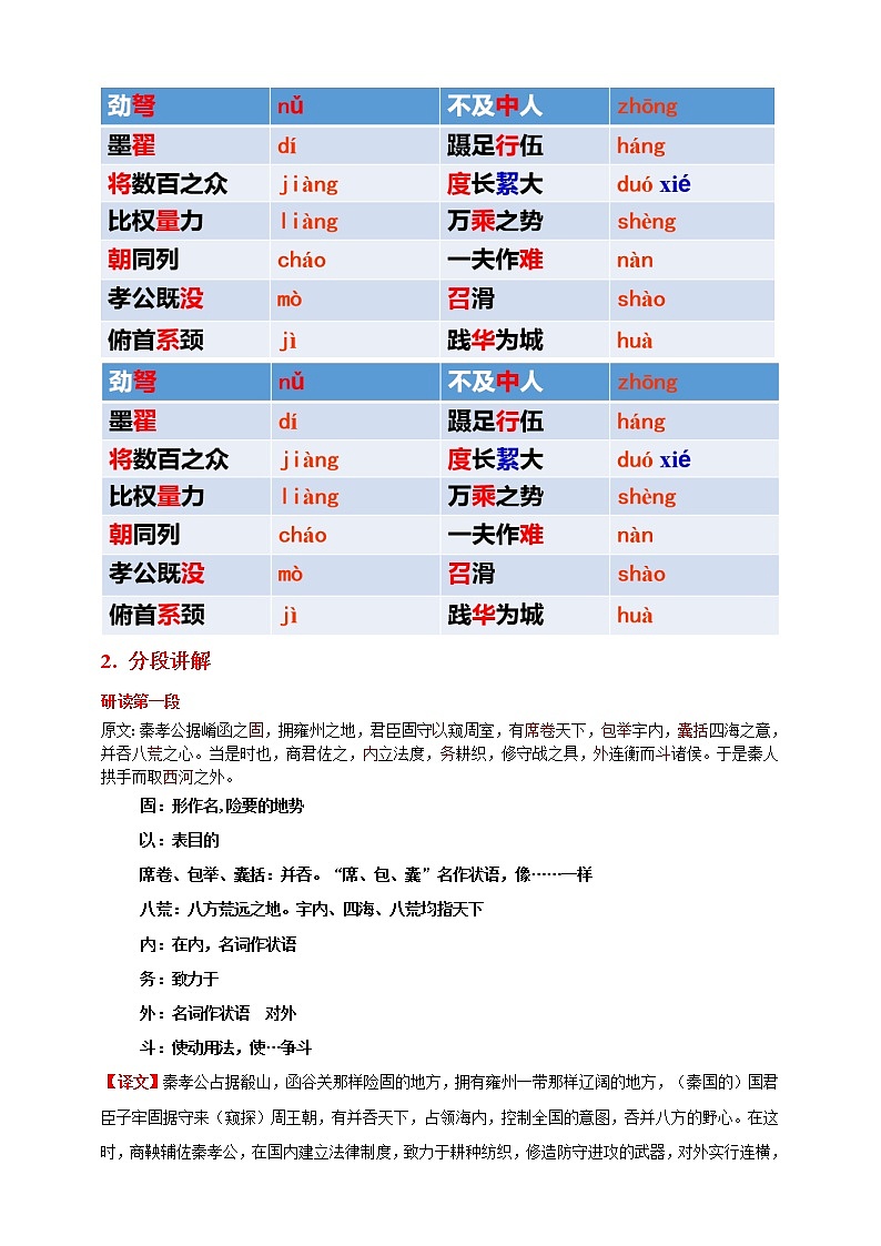 2021届部编版高中语文选择性必修中册11.1 过秦论 第1课时    教案第3页