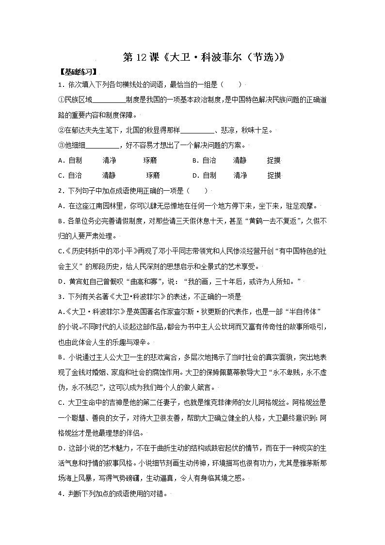 第12课 《大卫·科波菲尔（节选）》 课件+作业（含解析） -高二语文同步备课系列（统编版选择性必修上册）01