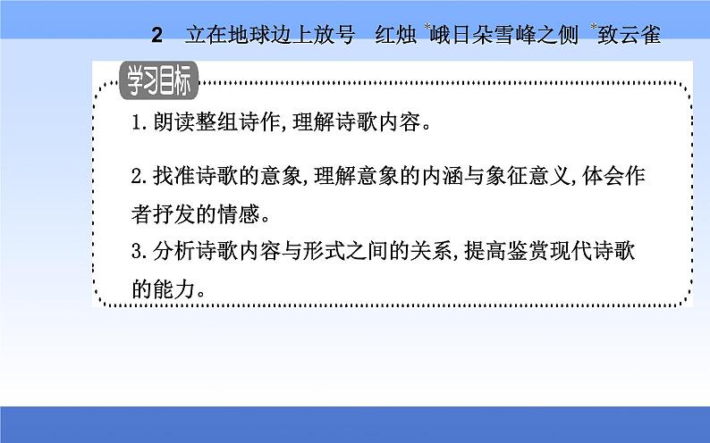 （新教材）2021秋统编版语文必修上册课件：第一单元第2课+立在地球边上放号+红烛+峨日朵雪峰之侧+致云雀+01