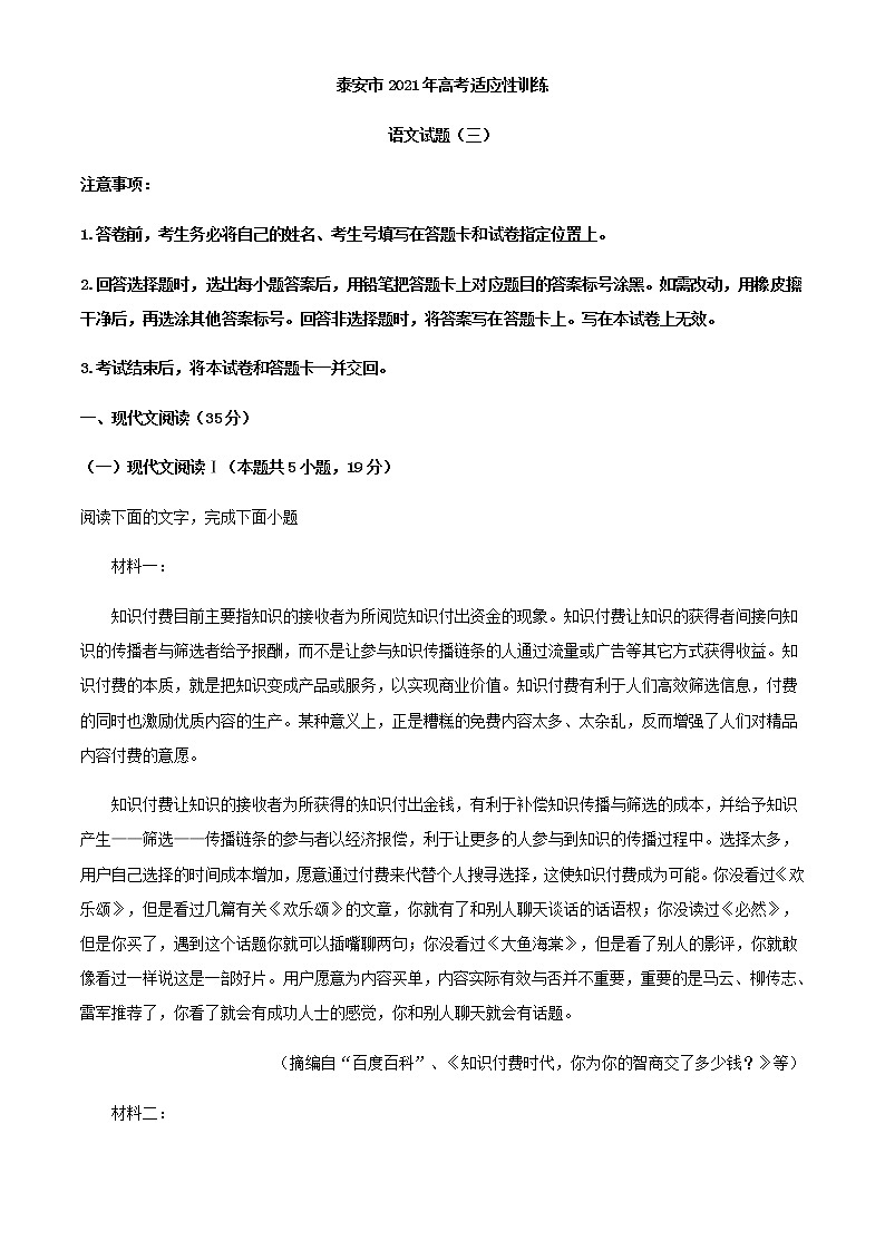 山东省泰安市高考适应性训练语文试题（三）含解析01