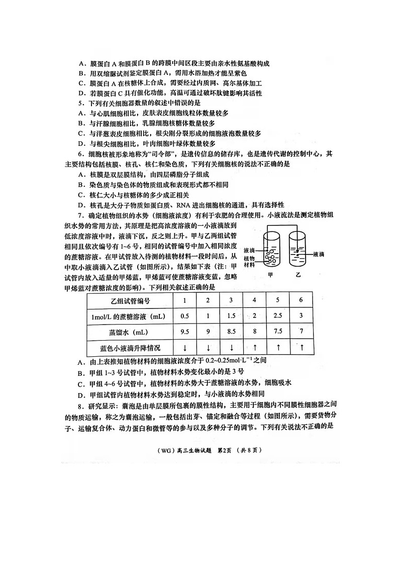 武功县2021-2022学年度第一学期高三上学期摸底考试生物试题第2页