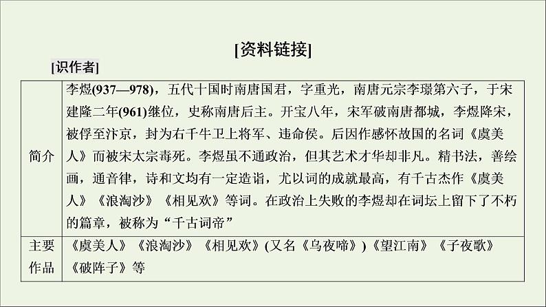 2021_2022学年高中语文第3单元因声求气吟咏诗韵虞美人课件新人教版选修中国古代散文欣赏20210927219405