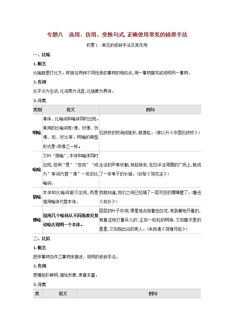 2022届高考语文一轮复习专题八选用仿用变换句式正确使用常见的修辞手法学案新人教版01