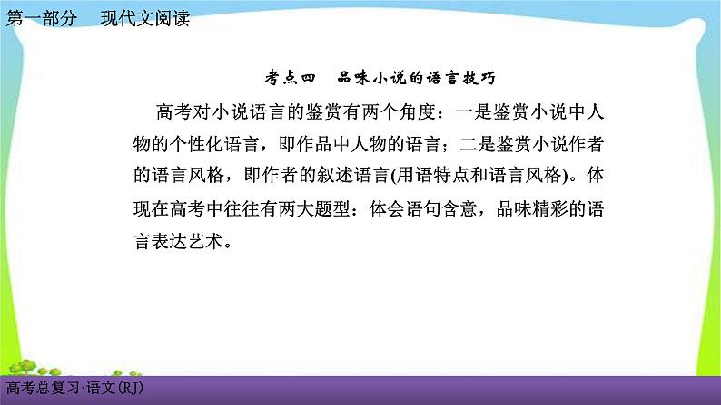 人教版高考语文总复习第一部现代文阅2小说阅读四品味小说的语言技巧课件PPT第1页