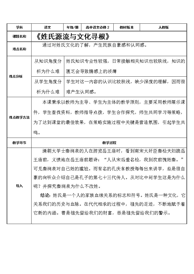 人教版高中语文必修二教案：《姓氏源流与文化寻根》第1页