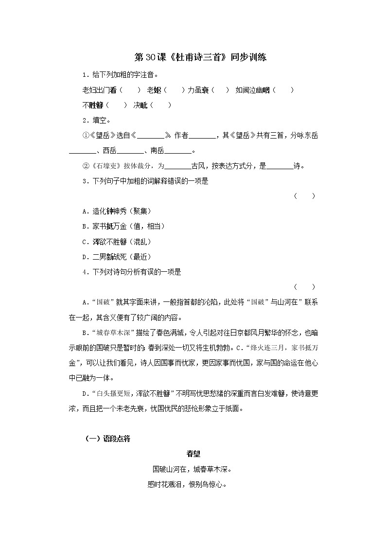 年高二语文同步测试：2.5《杜甫诗三首》（新人教版必修3）447第1页