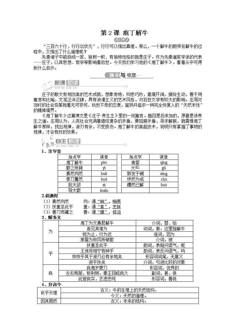 高二语文精品导学案（详解版）：人教选修中国古代诗歌散文欣赏第四单元第2课《庖丁解牛》01