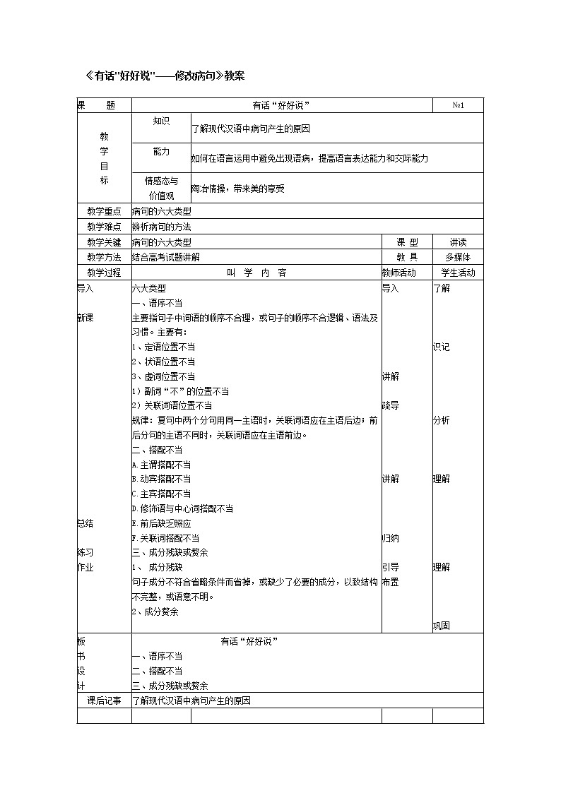 高中语文人教版选修大全：《有话“好好说”——修改病句》教案101