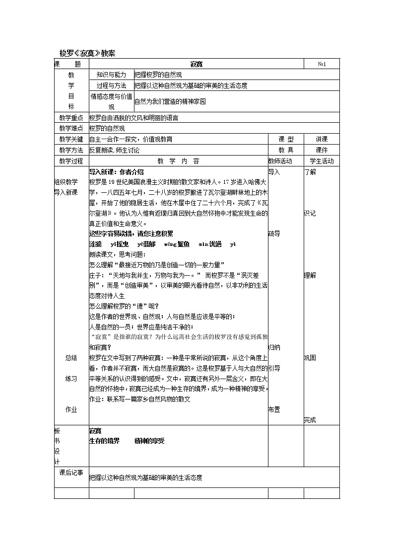 高中语文人教版选修大全：梭罗《寂寞》教案201