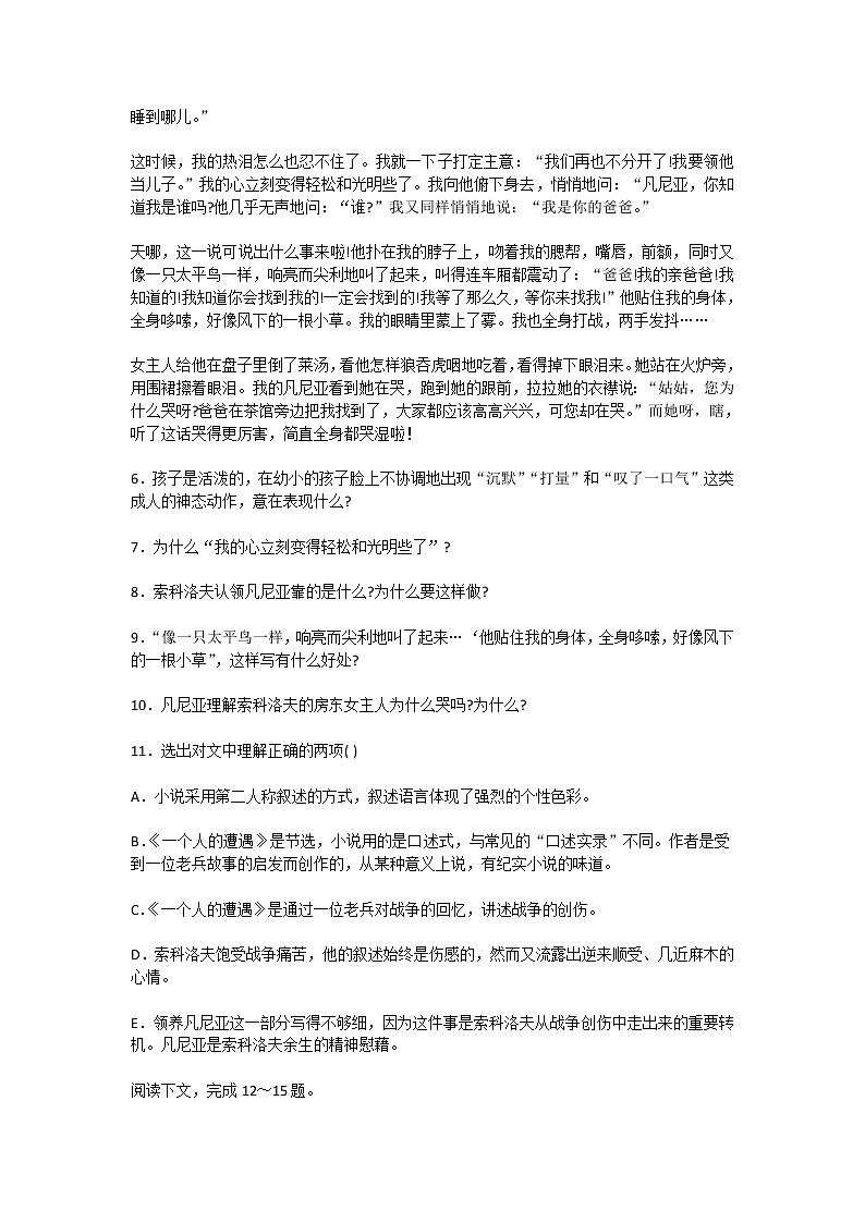 一个人的遭遇(节选) 同步测试第2页