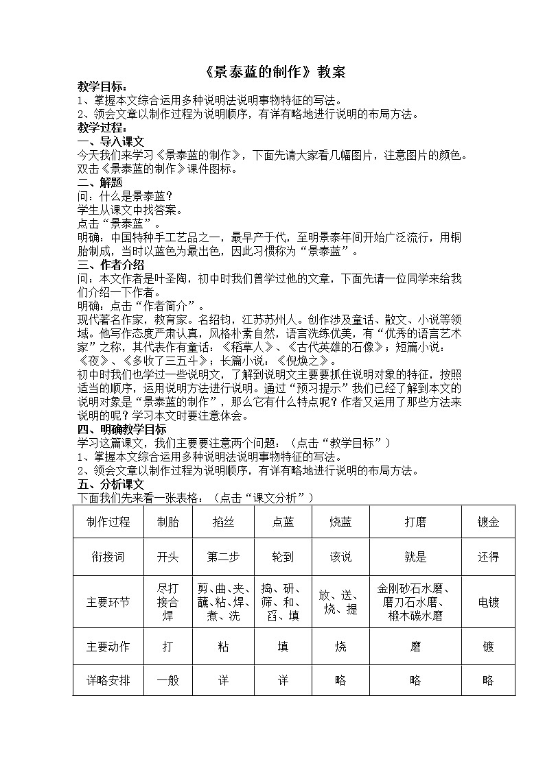 届高二语文教案：1.3.1《景泰蓝的制作》（苏教版必修5）302301