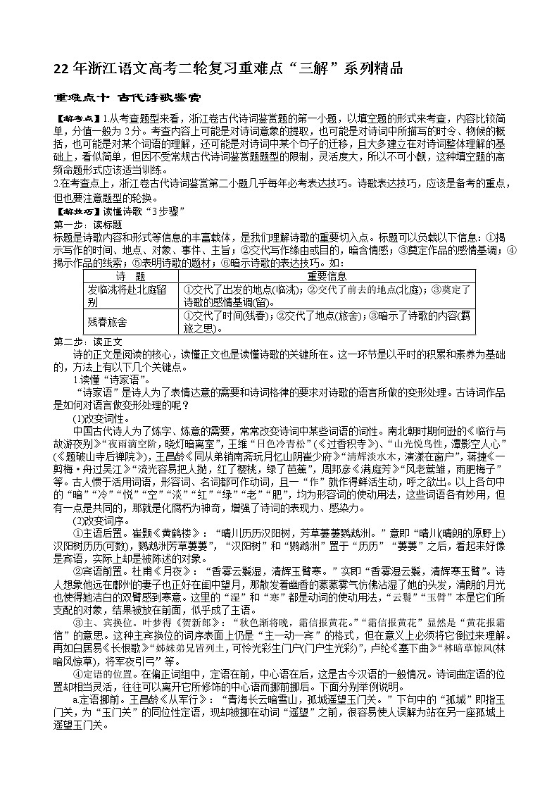2022年浙江语文高考二轮复习重难点专项突破十：古代诗歌鉴赏第1页