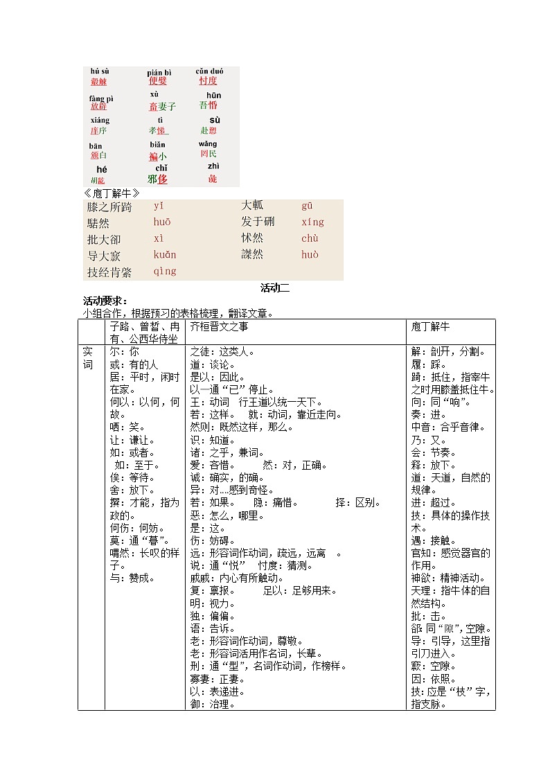 比较阅读《子路、曾皙、冉有、公西华侍坐》《齐桓晋文之事》《庖丁解牛》教案  2021—2022学年统编版高中语文必修下册02