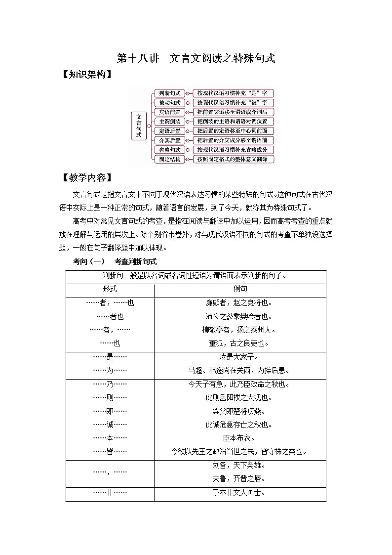 2022届高中语文二轮复习 第十八讲  文言文阅读之特殊句式  精品教案 （新高考）第1页