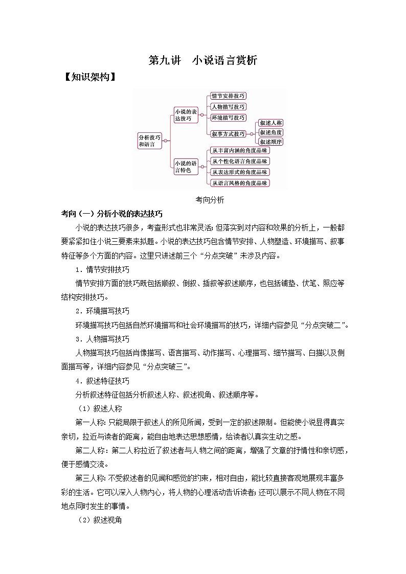 2022届高中语文二轮复习 第九讲  小说语言赏析  精品教案 （新高考）第1页