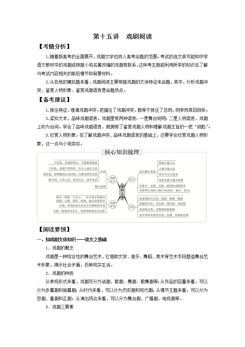 2022届高中语文二轮复习 第十五讲  戏剧阅读  精品教案 （新高考）01
