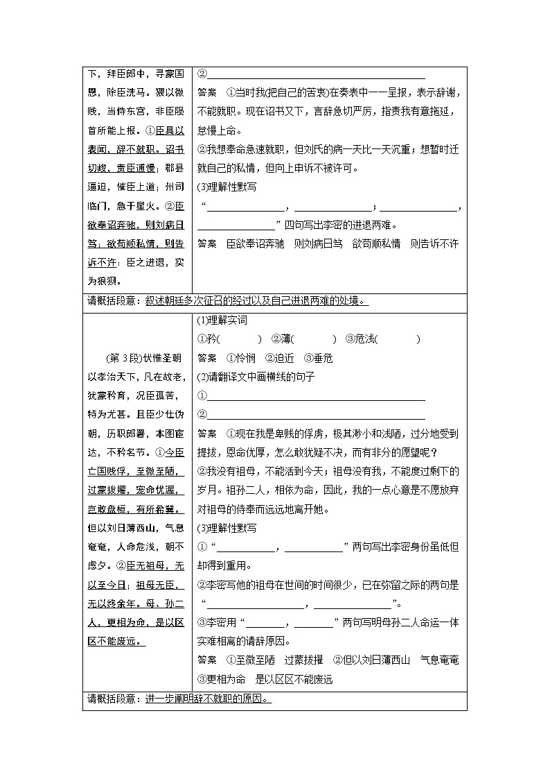 高中语文部编版选择性必修下册第三单元 学段一　9.1《陈情表 》学案（word版含答案）第2页