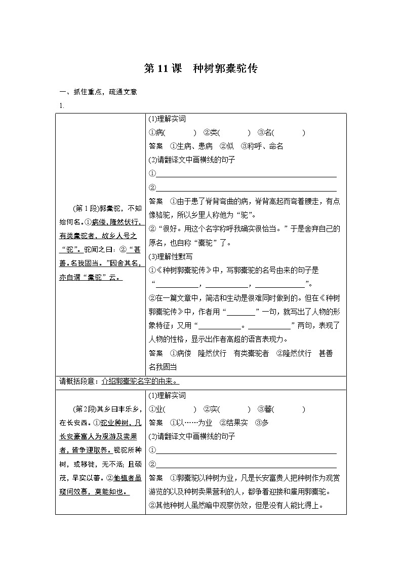 高中语文部编版选择性必修下册第三单元 学段一　11《种树郭橐驼传 》学案（word版含答案）第1页