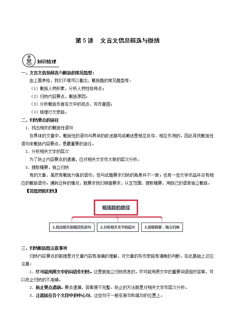 第5讲 文言文信息筛选与概括-备战2022年新高考语文二轮总复习讲练测（上海专用）01