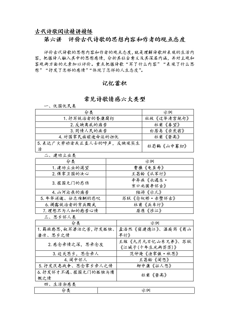 第八板块 古代诗歌阅读 第六讲 评价古代诗歌的思想内容和作者的观点态度 精讲精练-2022届新高考一轮语文复习（原卷版+解析版）01
