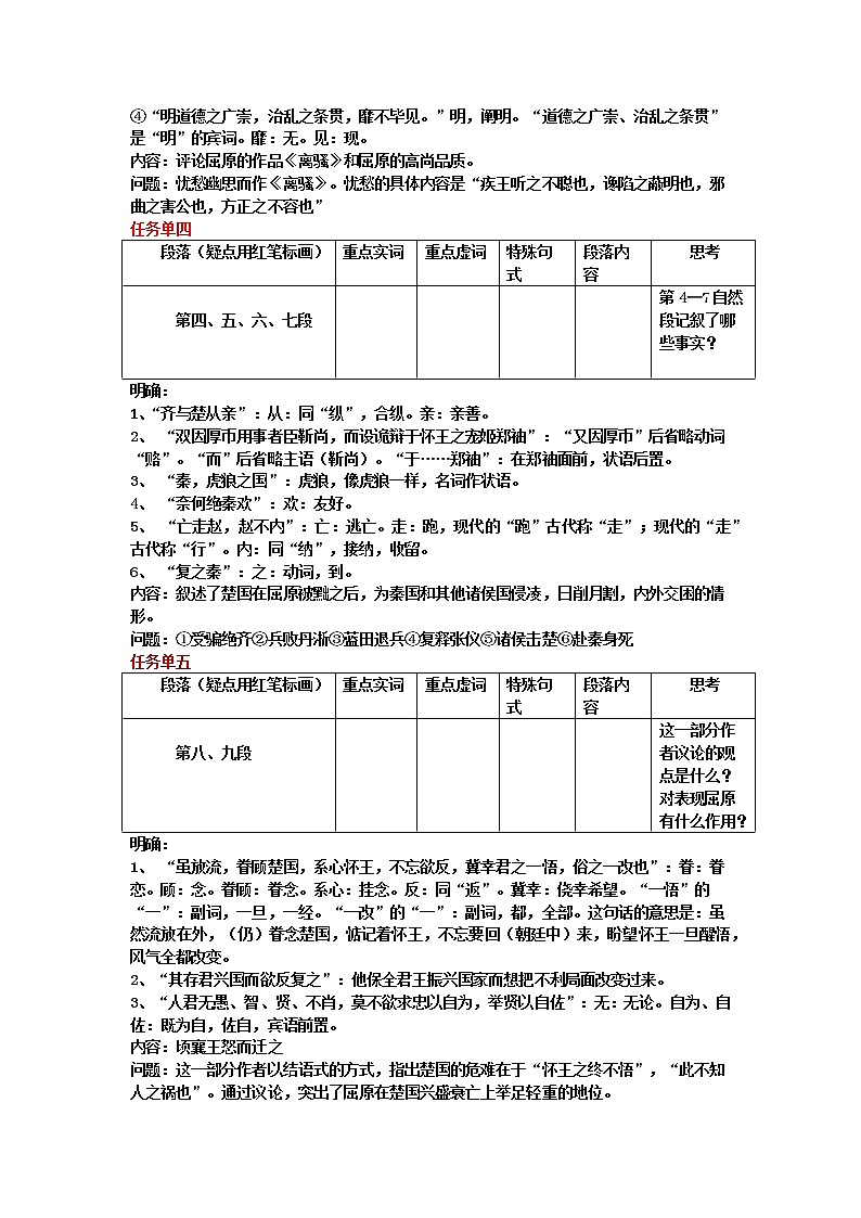 2022年高中语文 人教部编版 选择性必修中册9 屈原列传 教案第3页