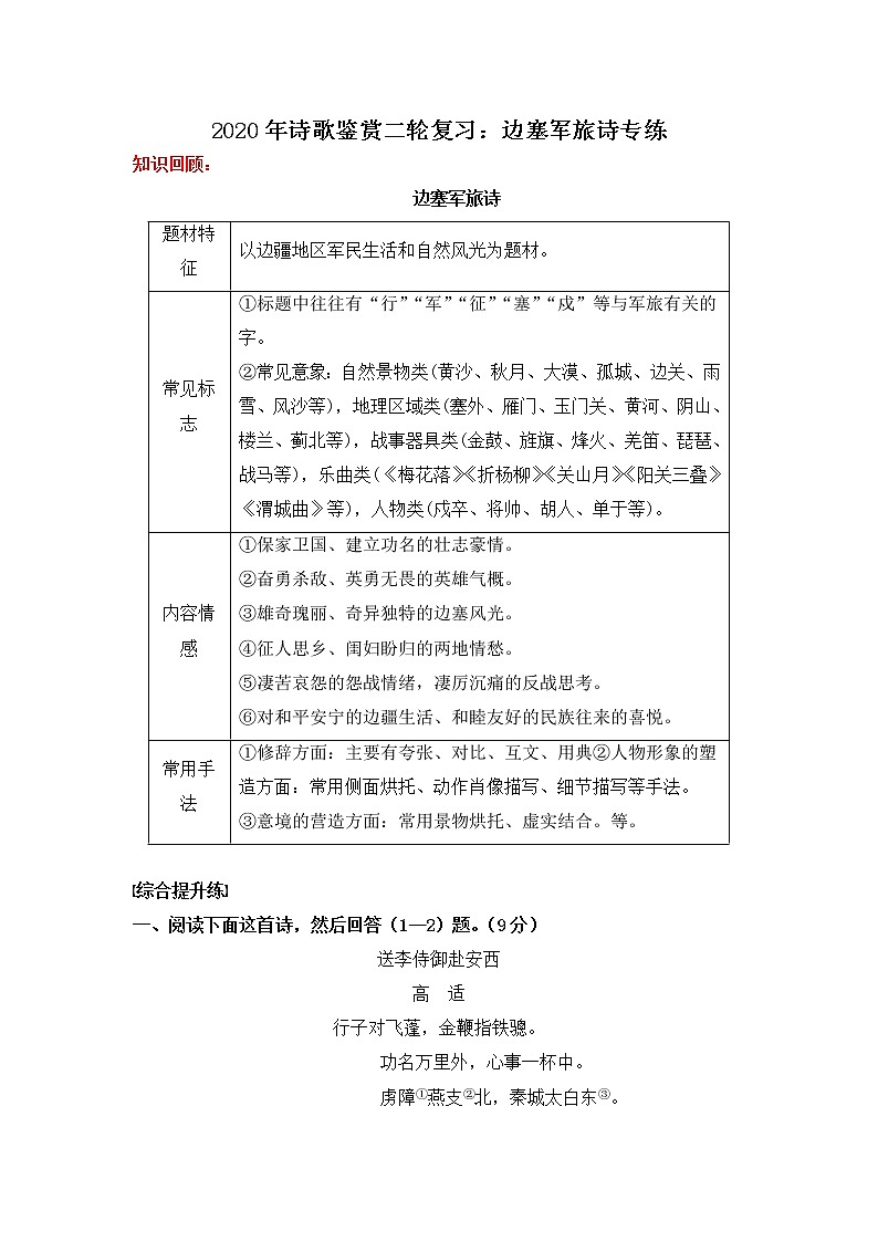 高考语文诗歌鉴赏二轮复习：边塞军旅诗专练教案01
