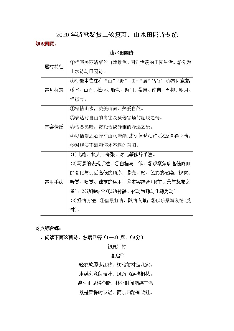 高考语文诗歌鉴赏二轮复习：山水田园诗专练教案01