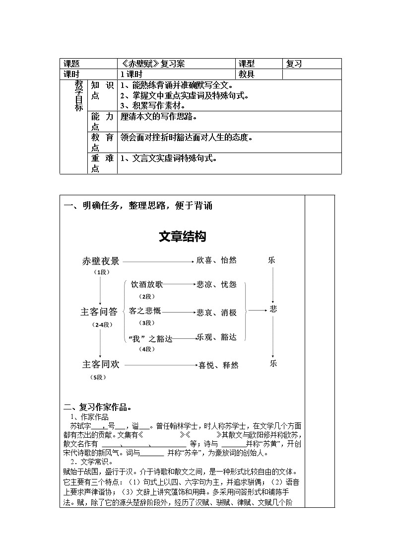 2021-2022学年高中语文统编版必修上册16.1《赤壁赋》复习学案第1页
