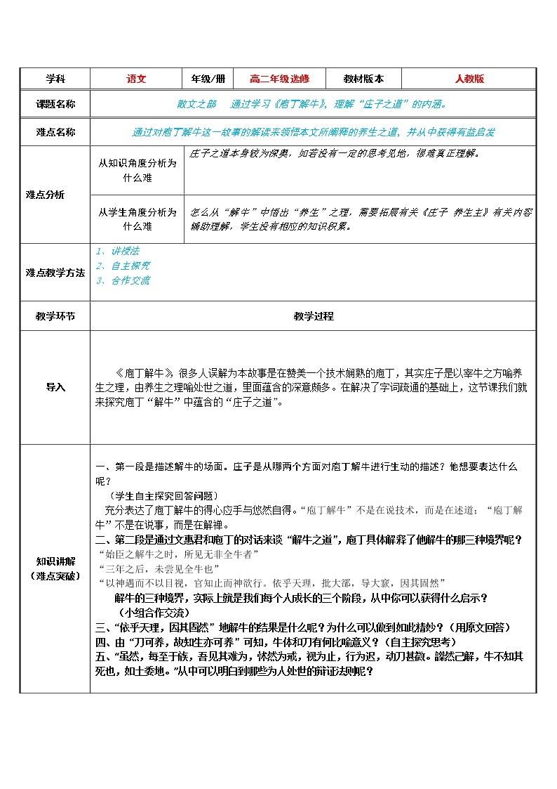 人教部编版高中语文必修下册1.3《庖丁解牛》 教案01