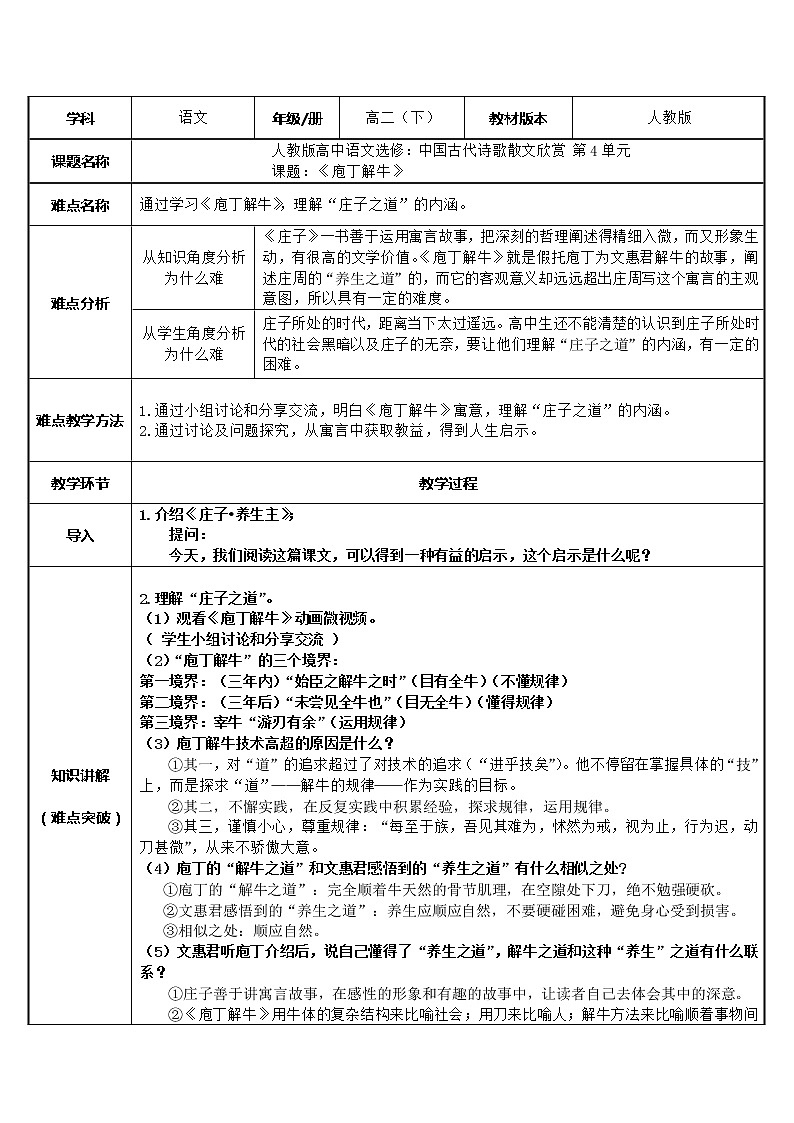 人教部编版高中语文必修下册1.3《庖丁解牛》 教案第1页