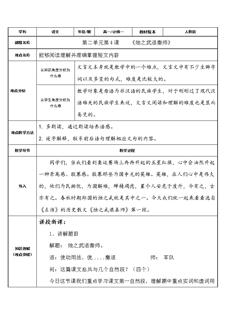 人教部编版高中语文必修下册2.烛之武退秦师   教案01