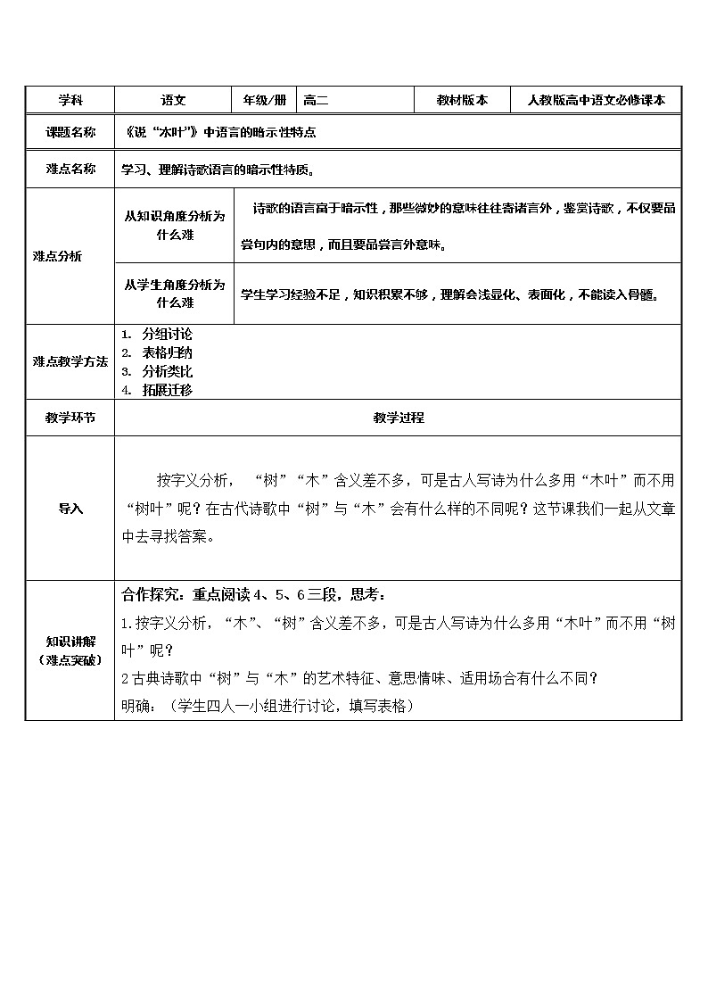 人教部编版高中语文必修下册9. 说“木叶”   教案01