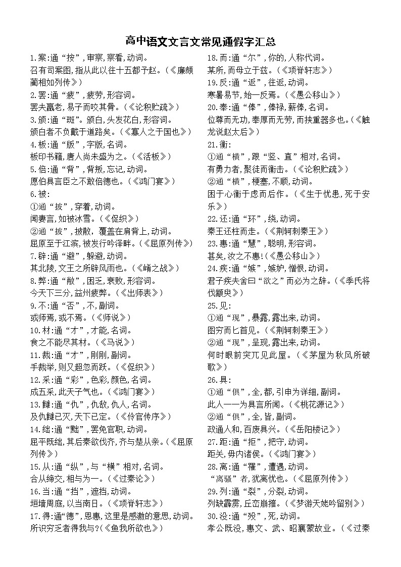 高中语文文言文常见通假字汇总（共60例）第1页