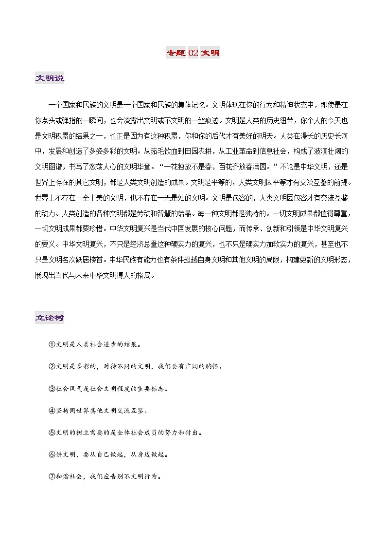 专题02 文明-2022年高考作文议论文热门经典论题必备之文明进步篇01