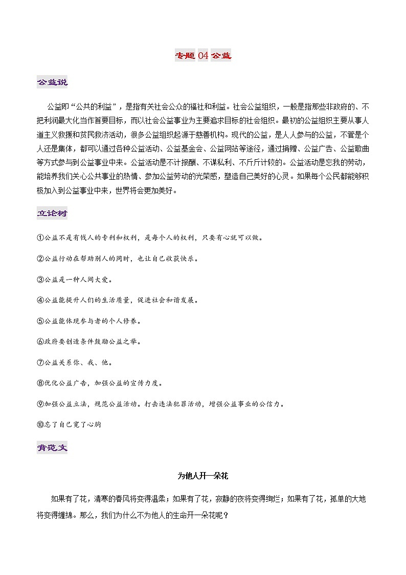 专题04 公益-2022年高考作文议论文热门经典论题必备之社会关注篇第1页