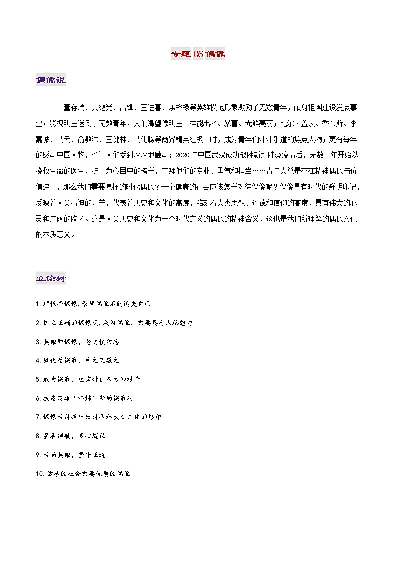 专题06 偶像-2022年高考作文议论文热门经典论题必备之社会关注篇第1页