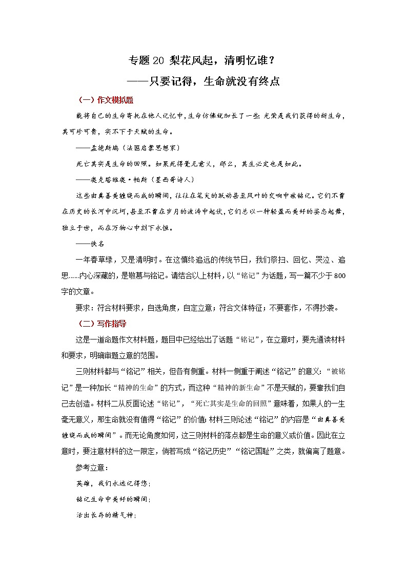 专题19 梨花风起，清明忆谁？—只要记得，生命就没有终点-【直击热点】2022年高考语文热点素材及作文导写第1页