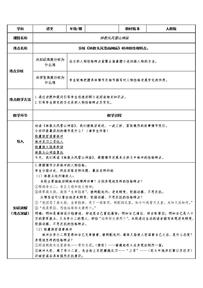 人教部编版高中语文必修下册13.1  林教头风雪山神庙   教案第1页