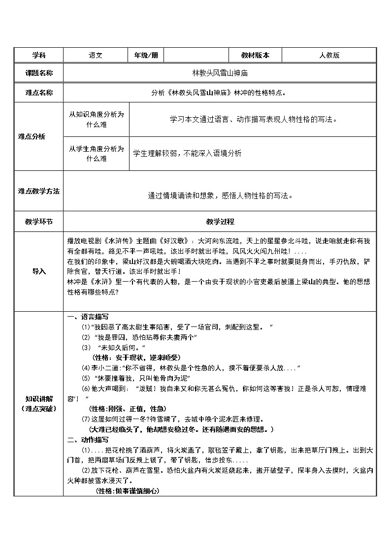 人教部编版高中语文必修下册13.1  林教头风雪山神庙   教案第1页