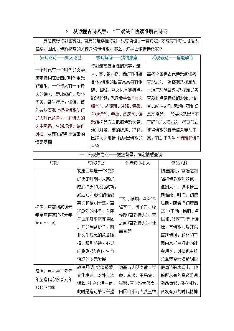 02  从读懂古诗入手：“三观法”快读准解古诗词（答题术语+习题专练）-2022年高考语文古诗鉴赏提分培优专用（术语+专练）（原卷版）第1页