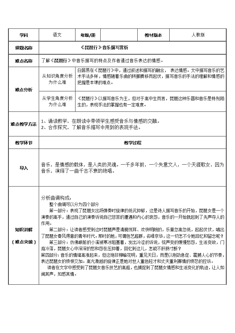 人教部编版高中语文必修上册 8.3琵琶行并序   教案401